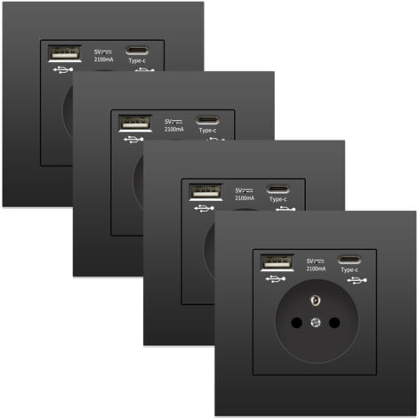 Lot de 4 Prises Murales avec USB & Type-C – 5V 2.1A, Prise Universelle avec Protection Surintensité, Format 86 mm, Noir (1/5)