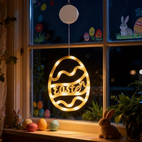 Guirlande lumineuse œufs de Pâques avec lapins – Décoration festive à suspendre pour fenêtres, jardin et intérieur, Œuf Blanc Chaud (1/5)