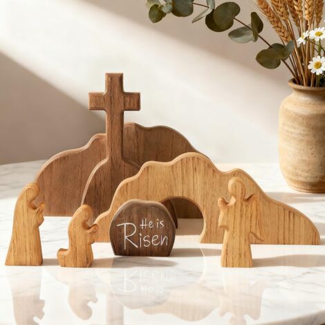 Décoration de Pâques 7 pièces – Scène Tombeau Vide avec Figurines de Résurrection et Croix en Bois, Décor Religieux Intérieur (1/5)