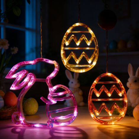 Lot de 3 Guirlandes LED Œufs de Pâques et Lapin Lumineux – Décoration Intérieure Festive et Ambiance de Fête,2 Œufs de Pâques + Lapin (1/5)
