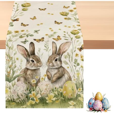 Chemin de Table Pâques 183x33cm Lapin Œufs Fleurs – Décoration Table Pâques Décoration Printemps pour Cuisine et Salle à Manger(F) (1/5)