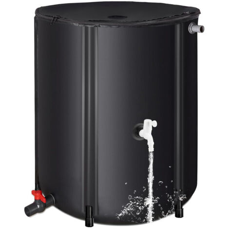 Cuve à eau de pluie 50 L, pliable en PVC, avec robinet, soupape et filtre intégré, système portable de collecte et stockage, résistant aux intempéries, réservoir durable pour jardin, noir (1/5)