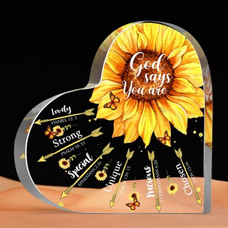 Cadeaux chrétiens religieux pour femmes, cadeaux inspirants avec plaque à verset biblique, décoration maison et bureau chrétienne tournesol, souvenir cœur en acrylique cadeau spirituel - 8.5x8.5x1cm (1/5)