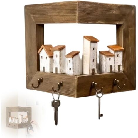 Porte-Clés Mural Angle – Bois Vintage – 4 Crochets – Organisation Pratique A (1/5)