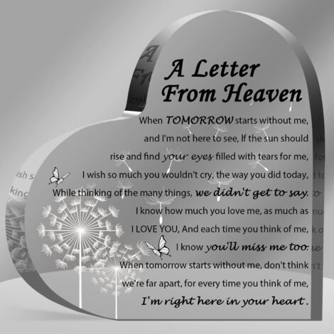 Plaque cœur acrylique « Une lettre du paradis » – Cadeau de réconfort mémoriel pour deuil mère, père, mari, fils, souvenir précis en hommage - 8.5x8.5x1cm (1/5)