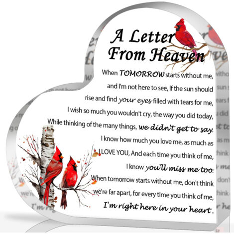 Plaque presse-papiers acrylique cristal « Une lettre du paradis » – Cadeau de réconfort cardinal rouge, décoration mémorielle souvenir en hommage - 10x10x1cm (1/5)