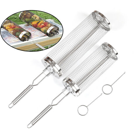 Lot de 2 cages de barbecue – Paniers en acier inoxydable pour camping et jardin – Avec manches et crochets – Cages rondes à tambour rotatif – Maille de gril portable – Grande et petite taille