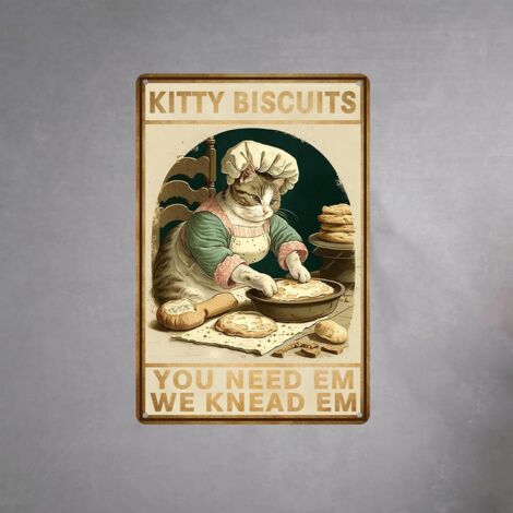 Décoration cottagecore - Plaques à chat - Affiche "Biscuits de chat, vous en avez besoin, nous les pétrissons" - Art mural vintage pour la maison Plaque métallique en étain 30x20 cm (1/5)