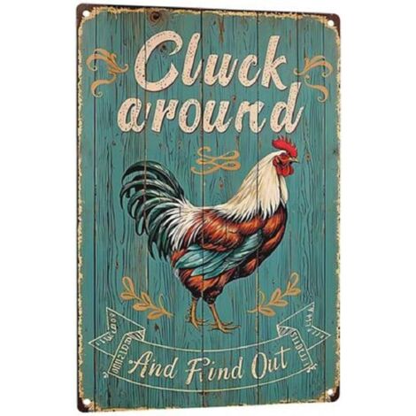 Plaque métallique drôle de poulet « Clucker et découvrir » – Décoration pour poulailler, cuisine et jardin, style vintage (1/5)