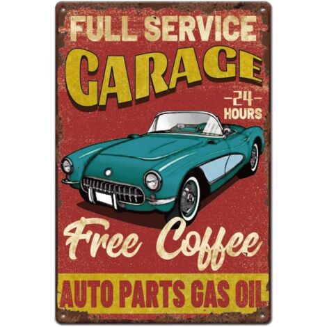 Plaque Étaine de Garage à Service Complet Rétro, Plaque Métallique Vintage pour Plaques de Garage, Service de Voiture 24h/7j Métallique, Réparations et Boissons, Café Gratuit (1/4)