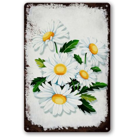Plaques Étaine Vintage à Fleurs de Marguerite Blanche Art Mural Métallique Décoration Murale Plaque Étaine Métallique de Cuisine Décoration Murale de Salle de Bain à Marguerite Mignonne Plaques de Jar (1/5)