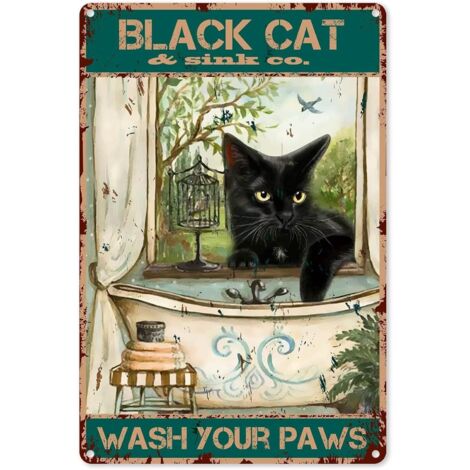Décoration Murale Drôle de Salle de Bain, Plaque Étaine Vintage de Chat Noir « Wash Your Paws » (Lave tes pattes), Bureau, Maison, Bar, Ferme, Hôtel, Salle à Manger, Poster Métallique de Café 20x30 cm (1/5)