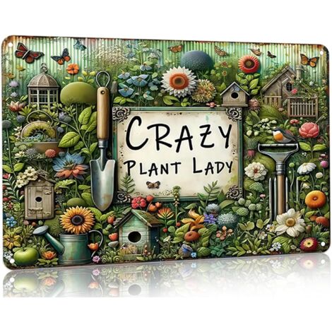 Cadeaux de Jardin Plaques de Jardinage Vintage Plaque Étaine « Crazy Plant Lady » (Dame Folle des Plantes), pour Maison, Jardin, Serre, Salon, Chambre, Cour, Décoration Extérieure 20X30 cm (1/5)