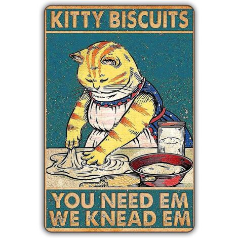 Plaques Étaine Métalliques Drôles de Chat, Plaque de Cuisine Vintage de Chaton, Maison, Café, Bureau, Décoration Murale Art Rétro « Kitty Biscuits You Need We Knead » (Biscuits de chaton, tu as besoin (1/5)