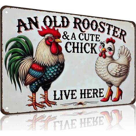 Cadeaux drôles pour les amateurs de poulets et les passionnés de ferme, Plaque en étain de poulet "Un vieux coq et un mignon poussin vivent ici", pour le poulailler, la ferme, la cuisine, le jardin (1/5)