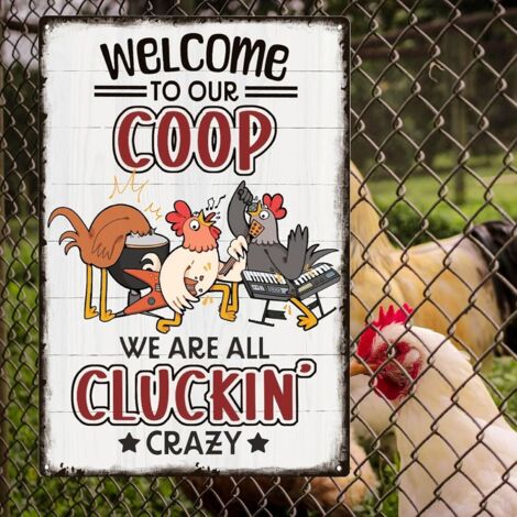 Plaque drôle de poulet "Bienvenue dans notre poulailler" - Plaque métallique en étain de poulet drôle pour la décoration de la maison, de la ferme, du poulailler, de la cuisine de la ferme, du jardin  (1/5)