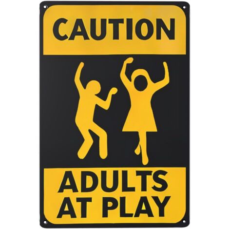 Affiche métallique vintage « Attention Adultes en Jeu » – Style industriel rétro pour atelier mécanique ou garage (1/5)