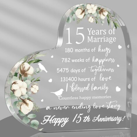 Plaque cœur acrylique souvenir mariage Cadeau anniversaire de mariage 15 ans pour femme, épouse, mari, couple Idée cadeau noces de cristal style 15ᵉ année (1/5)