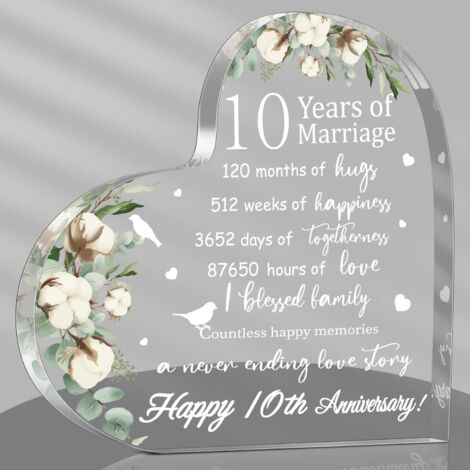 Plaque cœur acrylique cadeau mariage et anniversaire de mariage Souvenir pour épouse, mari, petite amie, petit ami Modèle 10ᵉ anniversaire noces (1/5)