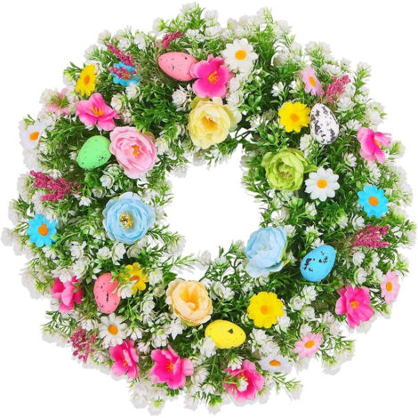 Couronne de Pâques avec œufs colorés et fleurs – Couronne artificielle de 45 cm pour porte, mur, fenêtre et décoration de fête (1/5)