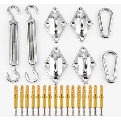 Kit de montage pour voile solaire – Fixations en inox avec boulons, crochets, mousquetons et œillets – Pour voiles triangulaires, carrées et rectangulaires (1/5)