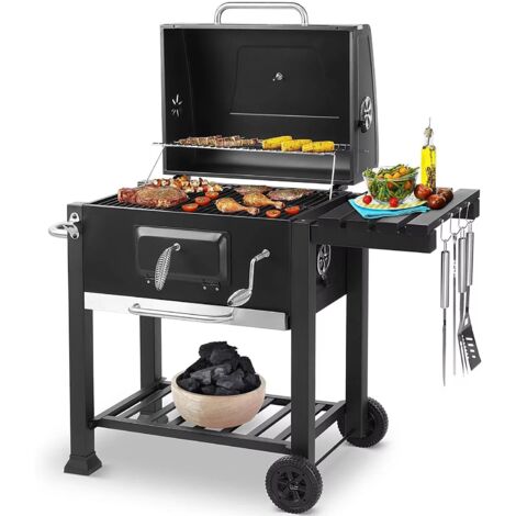 Grill barbecue charbon grande capacité 5-10 personnes avec chariot à roues, parfait pour camping, jardin, barbecue familial et cuisine extérieure