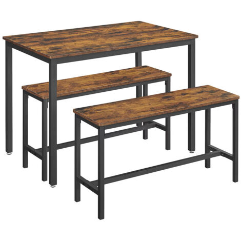 Table de salle à manger avec 2 bancs – Set 3 pièces – Dimensions table 70×110×75 cm – Bancs 30×97×50 cm – Acier Marron (1/5)