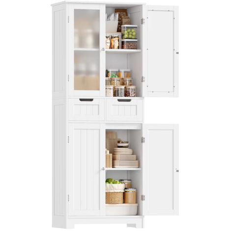 Meuble haut de cuisine 170 cm – Rangement 4 portes et 2 tiroirs – Design moderne – Armoire polyvalente cuisine et salle de bain Blanc (1/5)