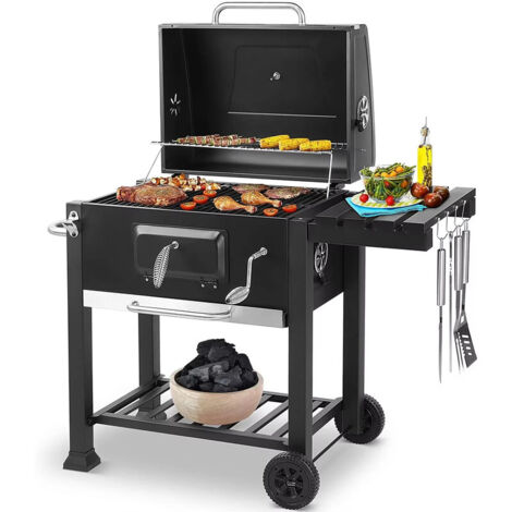 Barbecue charbon de bois avec fumoir intégré, poignée latérale et table pliante, patio jardin arrière-cour, 113x53,5x100 cm (1/5)