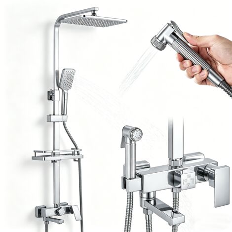 Colonne de douche thermostatique Chrome réglable 73-116 cm, pommeau carré 29×19 cm rotatif, ensemble douche pluie et douche à pulvérisation (1/5)
