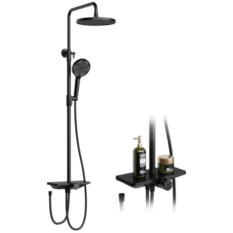 Ensemble de douche mural en acier inoxydable – Mitigeur eau chaude/froide avec douchette à main et étagère intégrée pour salle de bain (1/5)
