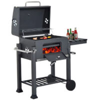 Barbecue charbon de bois avec couvercle XL, surface de cuisson 55x36 cm, grille de maintien au chaud, thermomètre, tables latérales