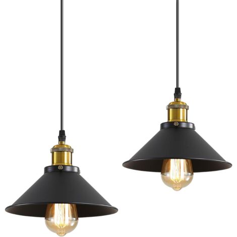 Lot de 2 Vintage Lustre Suspension industrielle Lampe de Plafond 22cm Abat-Jour E27 Noir (1/5)