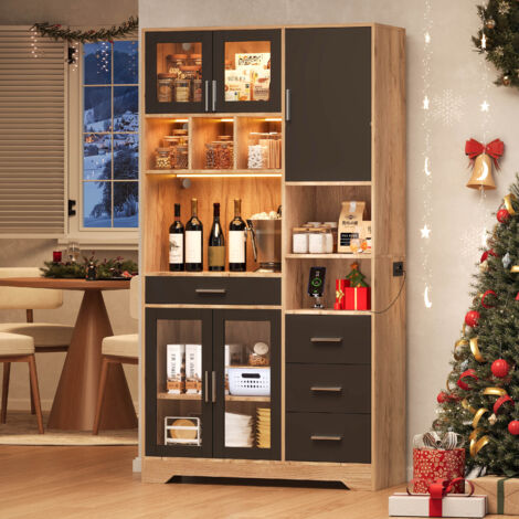 Buffet / Armoire Haute Vintage 185x100x40 Cm – Meuble de Cuisine Style Campagne avec LED Multicolore, Étagères Réglables et Prise (1/5)