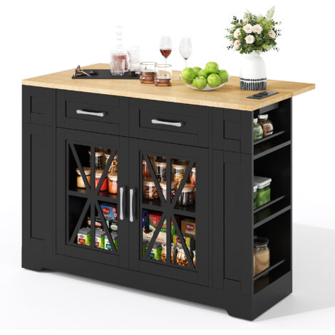 Desserte De Cuisine Mobile 120 Cm Avec Table Pliante, Îlot De Cuisine Avec Prises AC Et USB, Étagères Réglables, Roulettes Avec Freins, noir (1/5)