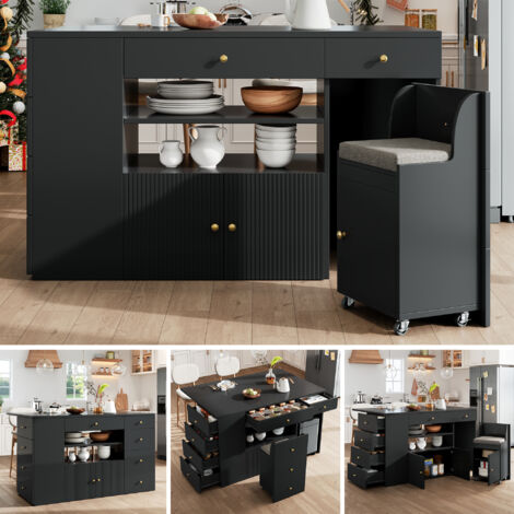 Îlot De Cuisine Avec Tabourets, Desserte De Cuisine Avec 6 Tiroirs, Largeur Réglable 140 × 40 (70) × 89 Cm, Noir (1/5)