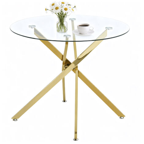 Table à Manger Ronde Moderne avec Plateau en Verre Trempé et Pieds Dorés, Table de Cuisine Minimaliste, 80 × 80 × 76 cm (1/5)
