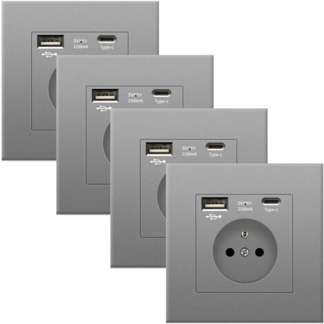 Lot de 4 Prises Murales avec USB & Type-C, 5V 2.1A, Prise Électrique Universelle avec Protection Contre Surintensités, 86 mm, Gris