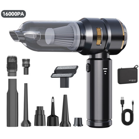 Aspirateur à Main Sans Fil 16000Pa, Aspirateur Portable pour Voiture et Maison, Rechargeable, 3 Niveaux de Puissance, Moteur Brushless avec Fonction Souffleur