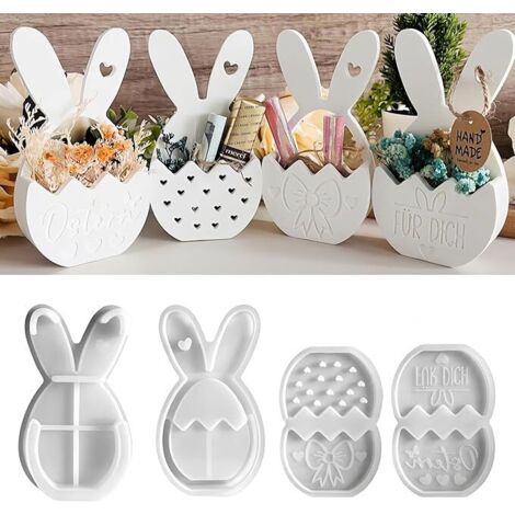 Lot 4 Moules Silicone Pâques Moule Lapin Panier Fleur Moule Bougie Moule Plâtre DIY Décoration Printemps Cadeau Pâques (1/5)