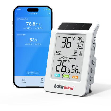 Thermomètre Hygromètre Solaire WiFi Sans Fil – Moniteur Température et Humidité Intérieur/Extérieur avec Alertes App pour Serre, Tuyaux, Cave et Chambre Bébé