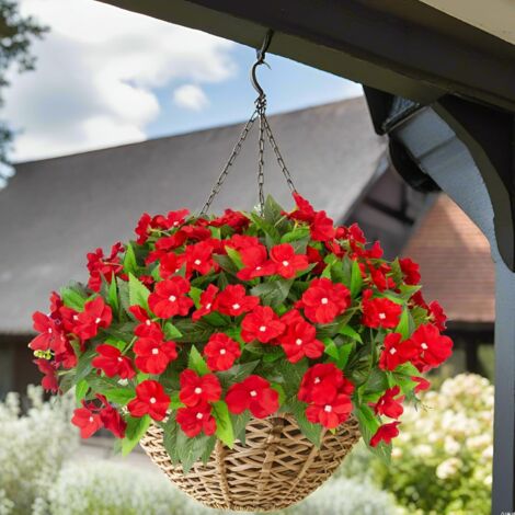 4 Pièces Fleurs Artificielles Impatiens Extérieures Résistantes aux UV Plantes Artificielles en Soie Décoration Jardin Terrasse Balcon, Rouge (1/5)