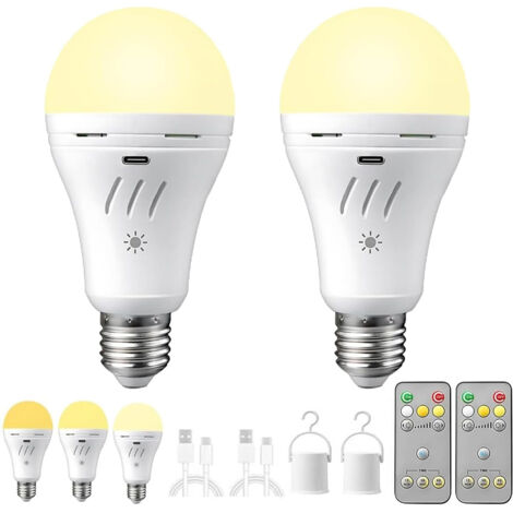 2 ampoules LED E27 rechargeables – 2200 mAh – 3 niveaux de lumière – Température réglable 3000/4000/6000K – Télécommande – Minuterie – Éclairage secours (1/5)