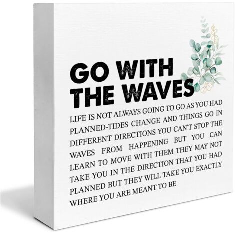 Décoration de bureau panneau en bois avec citation inspirante : "Va avec les vagues", devise, panneau carré en bois, décoration de bureau, boîte en bloc en bois pour maison et maison de plage (1/5)
