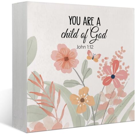 Décoration de nursery boho avec verset biblique chrétien, cadeau de décoration religieuse chrétienne, citation motivatrice "Tu es un enfant de Dieu", panneau en bloc en boîte en bois (1/5)