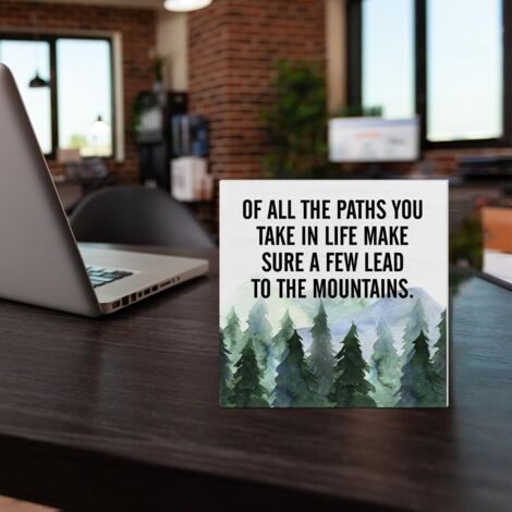 Décoration de bureau panneau en bois avec citation inspirante : "Tous les chemins que tu empruntes dans la vie", décoration carrée de bureau, art de montagne, panneau en bloc en boîte en bois pour éta (1/5)