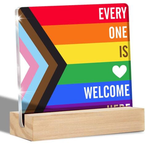 Tout le monde est le bienvenu ici : Plaque décorative transparente pour bureau, plaque en acrylique sur la diversité avec support, drapeau de fierté de progrès arc-en-ciel, plaquette de table, souveni (1/4)