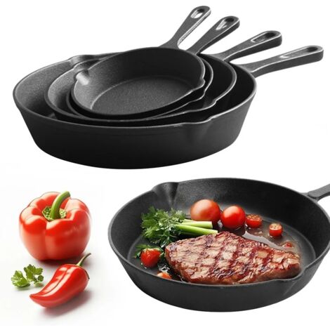 Ustensiles de cuisine en fonte, ensemble de 4 pièces, poêle à Chefs non revêtue, poêles pré-assaisonnées, sûre, résistante à la rouille, Distribution uniforme de la chaleur (1/5)
