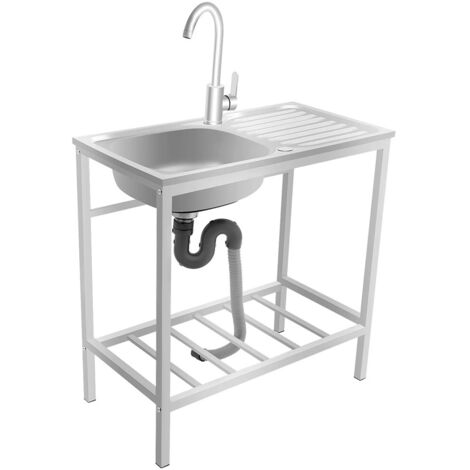 Évier de Cuisine sur Pied avec Plan de Travail et Étagère Inférieure – Évier Inox 1 Bac avec Robinet et Système d’Évacuation pour Cuisine et Extérieur (1/5)