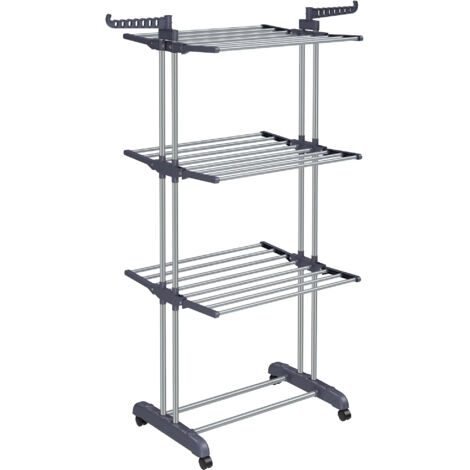 Étendoir roulant 4 étages – Structure pliable – Dimensions 63,5x128x173 cm – Charge importante – Assemblage facile – Gris (1/5)